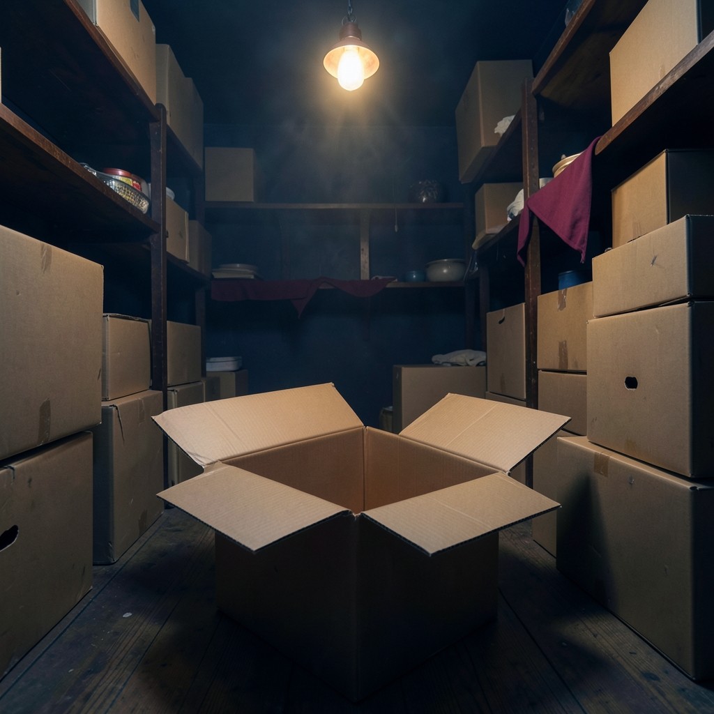 Opened cartons stacked in a narrow back room beside darker closed boxes