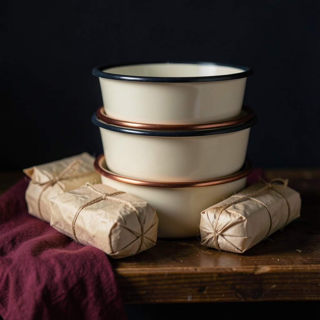 Stacked basins and wrapped household packets on a wooden shelf in warm low light