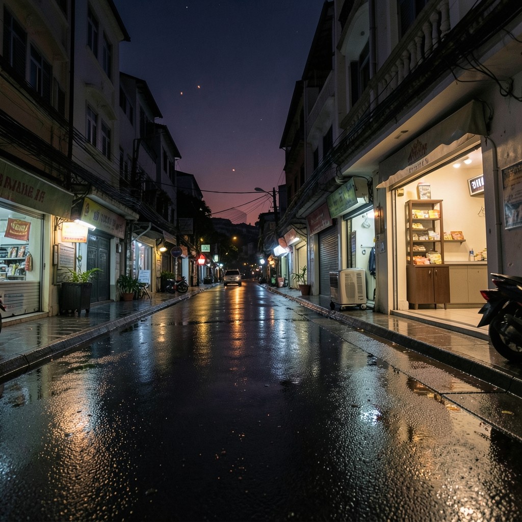 A wet Bangkok shop street at dusk with warm light inside a small storefront