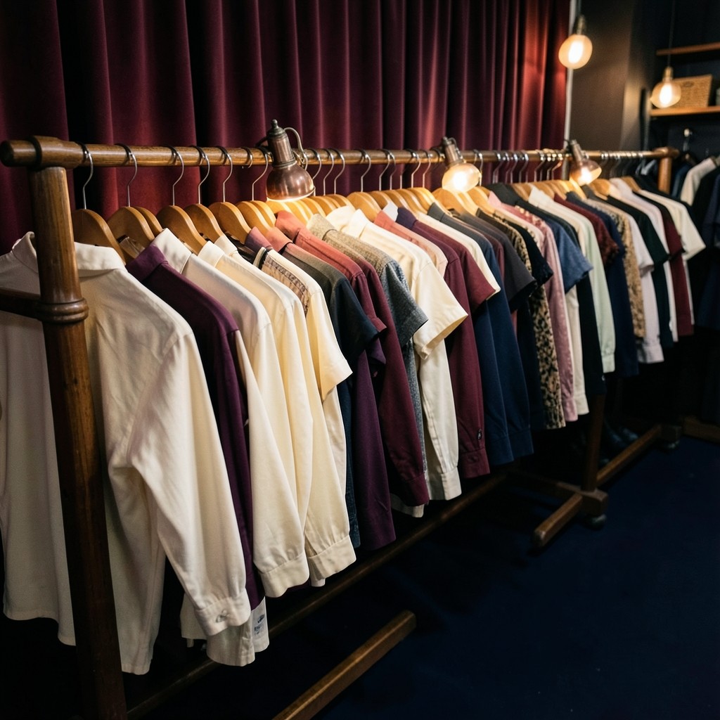 A wooden rail of folded garments in a dim shop, seen from the side