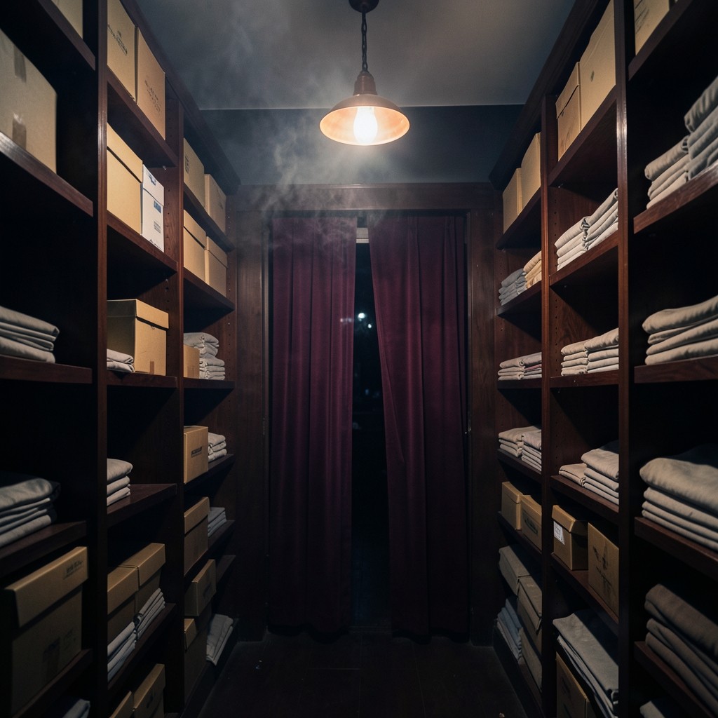 A dim Bangkok stockroom with cartons on wooden shelves and a single copper lamp