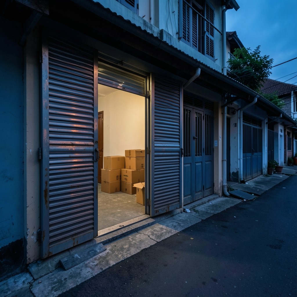 A shop shutter half open at dawn with stacked cartons waiting on the floor