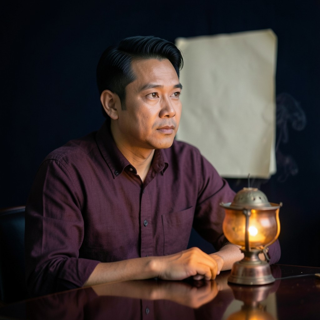 Portrait of Kiet Thongchai seated at a dark wood table with a copper lamp