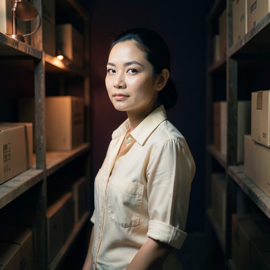 Portrait of Ploy Rattanapong standing in a dim aisle of shelves