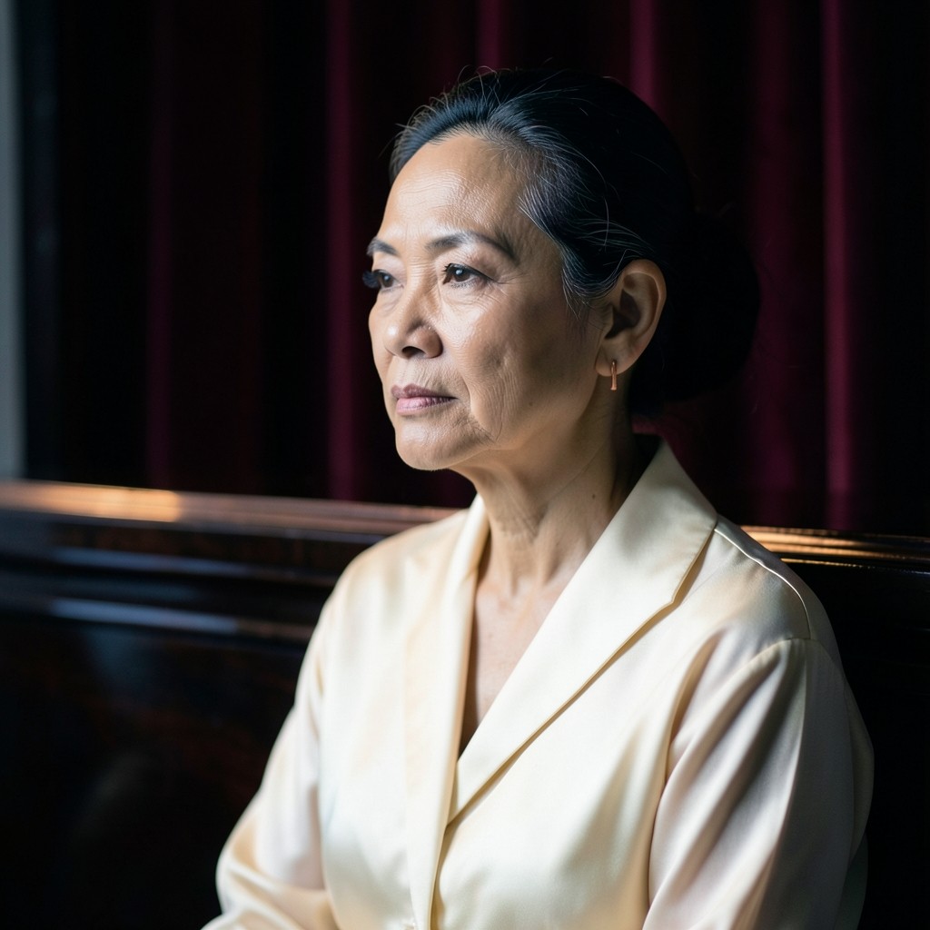 Portrait of Suda Prasert in an ivory blouse against dark wood and a burgundy curtain