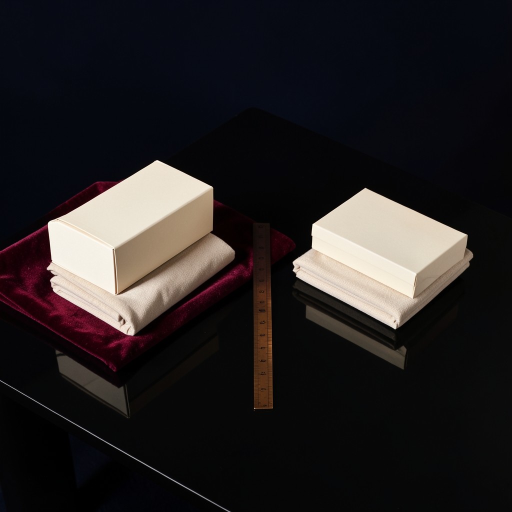 Two groups of cartons and folded goods set side by side on a dark wood table