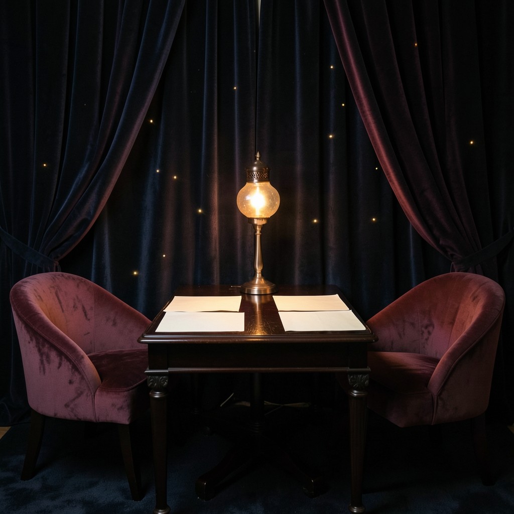 An evening table with blank ivory sheets, a copper lamp, and two velvet chairs
