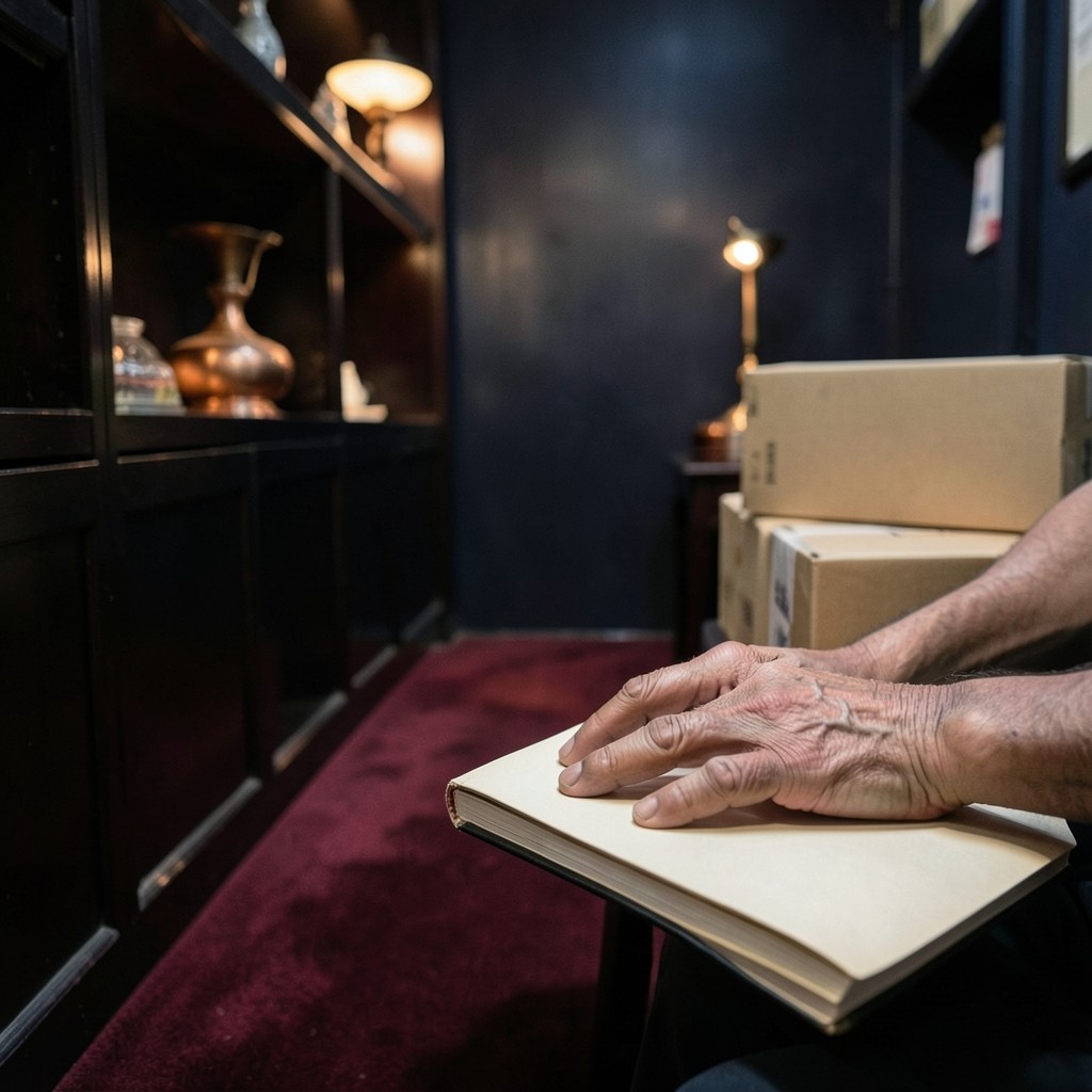 Hands resting beside stacked cartons in a narrow shop back room lit by a copper lamp