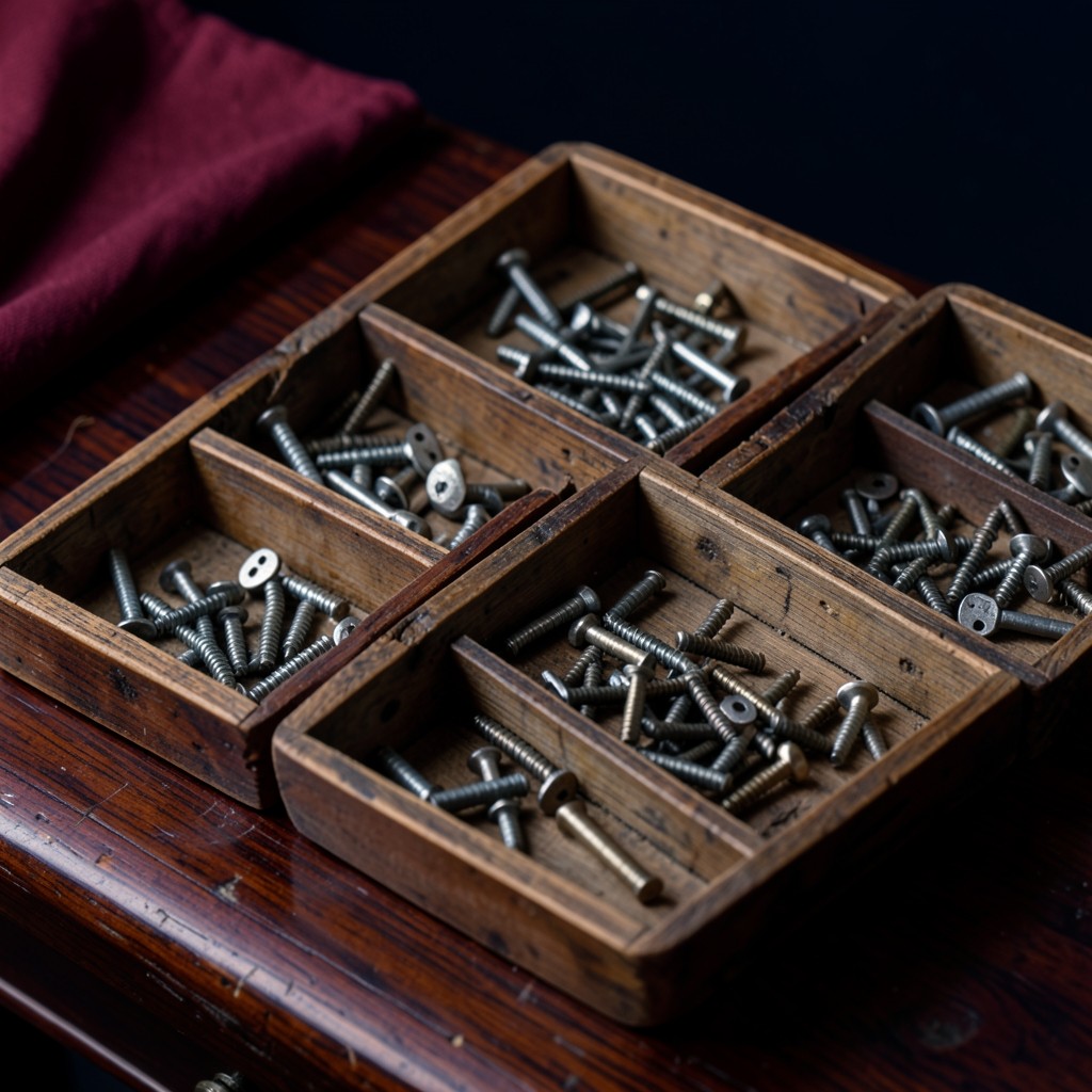 Small metal hardware pieces in wooden compartment trays on a dark counter